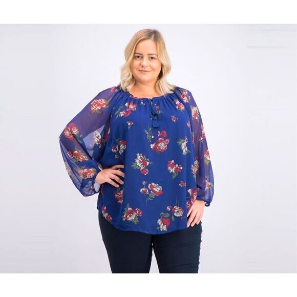 Lucky Brand 2X Womens Plus Size Floral Print Slash Neck Pullover Top, Blue - Picture 1 of 8